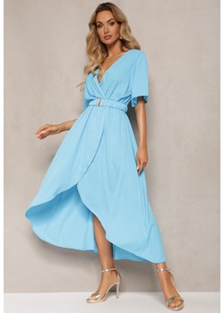 Niebieska Sukienka o Kopertowym Kroju z Marszczoną Gumką i Paskiem w Talii Dariane ze sklepu Renee odzież w kategorii Sukienki - zdjęcie 171350014