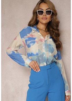 Niebiesko-Beżowa Luźna Koszula z Długim Rękawem i Dekoltem w Szpic Latania ze sklepu Renee odzież w kategorii Koszule damskie - zdjęcie 171357480