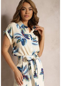 Beżowo-Granatowa Koszula z Wiskozy we Florystyczny Wzór Edevina ze sklepu Renee odzież w kategorii Koszule damskie - zdjęcie 171357490