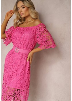 Różowa Sukienka o Klasycznym Fasonie z Koronką i Paskiem Ineslina ze sklepu Renee odzież w kategorii Sukienki - zdjęcie 171357770
