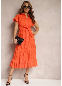 Pomarańczowa Koszulowa Sukienka z Ażurowej Bawełny Wiązana w Talii Lulilena ze sklepu Renee odzież w kategorii Sukienki - zdjęcie 171357820