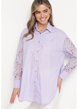 Fioletowa Koszula Oversize z Ażurowym Wzorem na Rękawach Vadena ze sklepu Born2be Odzież w kategorii Koszule damskie - zdjęcie 171358222
