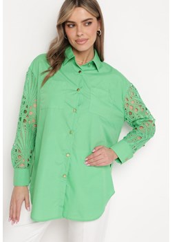 Zielona Koszula Oversize z Ażurowym Wzorem na Rękawach Vadena ze sklepu Born2be Odzież w kategorii Koszule damskie - zdjęcie 171358243