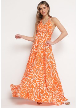 Pomarańczowa Wiskozowa Sukienka o Rozkloszowanym Kroju z Wiązaniem na Plecach Canella ze sklepu Born2be Odzież w kategorii Sukienki - zdjęcie 171358441