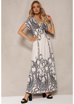 Jasnobeżowa Sukienka w Ornamentalny Wzór z Gumką w Talii i Kopertowym Dekoltem Lamera ze sklepu Renee odzież w kategorii Sukienki - zdjęcie 171361691