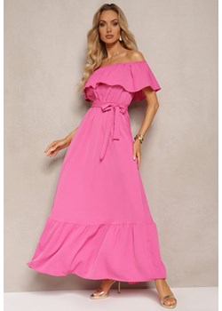 Różowa Hiszapanka Sukienka o Rozkloszowanym Fasonie z Falbanką Naviara ze sklepu Renee odzież w kategorii Sukienki - zdjęcie 171361741