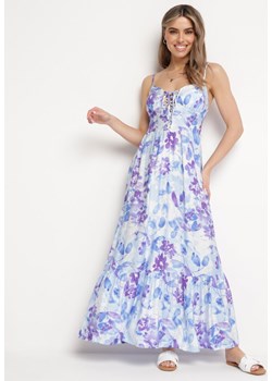 Niebieska Sukienka z Wiskozy i Bawełny Rozkloszowana w Kwiatowy Print z Ozdobnym Wiązaniem Wiama ze sklepu Born2be Odzież w kategorii Sukienki - zdjęcie 171362291