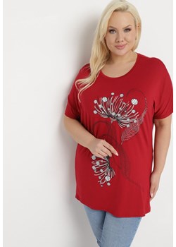 Bordowy T-shirt z Ozdobnym Nadrukiem i Cyrkoniami Colilena ze sklepu Born2be Odzież w kategorii Bluzki damskie - zdjęcie 171362431