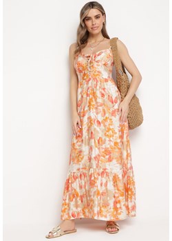 Pomarańczowa Sukienka z Wiskozy i Bawełny Rozkloszowana w Kwiatowy Print z Ozdobnym Wiązaniem Wiama ze sklepu Born2be Odzież w kategorii Sukienki - zdjęcie 171372180