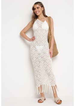 Biała Ażurowa Sukienka na Jedno Ramię o Dopasowanym Kroju z Frędzlami Elletipa ze sklepu Born2be Odzież w kategorii Odzież plażowa - zdjęcie 171372200