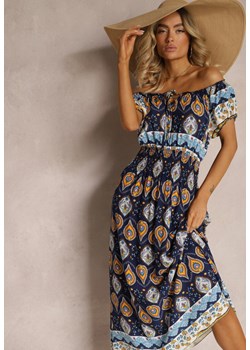 Granatowa Sukienka na Lato z Bawełny z Modelującą Gumką w Talii Deorna ze sklepu Renee odzież w kategorii Sukienki - zdjęcie 171379953