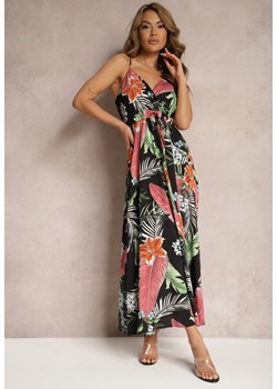 Czarno-Różowa Wiskozowa Sukienka Rozkloszowana o Kopertowym Dekolcie na Ramiączkach Filinestia ze sklepu Renee odzież w kategorii Sukienki - zdjęcie 171379963