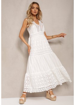 Biała Rozkloszowana Sukienka z Koronki z Trójkątnym Dekoltem i Falbanką Piolena ze sklepu Renee odzież w kategorii Sukienki - zdjęcie 171380003