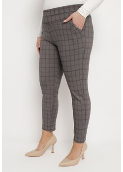 Ciemnobeżowe Bawełniane Spodnie w Kratkę z Cyrkoniami Lionelle ze sklepu Born2be Odzież w kategorii Spodnie damskie - zdjęcie 171380471