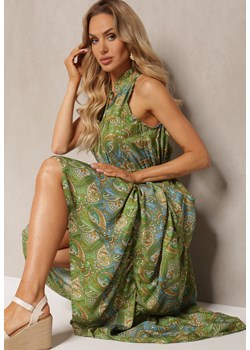 Zielona Sukienka w Stylu Boho Bez Rękawów z Gumką w Pasie i Wiązaniem przy Dekolcie Yisa ze sklepu Renee odzież w kategorii Sukienki - zdjęcie 171396132