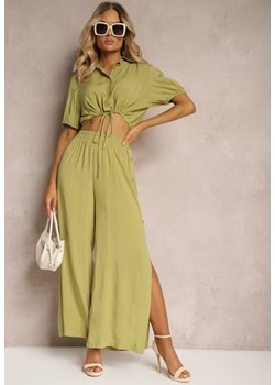 Zielony Komplet z Bawełny w Stylu Utility Koszula i Szerokie Spodnie Veola ze sklepu Renee odzież w kategorii Komplety i garnitury damskie - zdjęcie 171396162