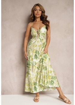 Zielona Sukienka o Rozkloszowanym Fasonie w Kwiaty z Bawełny i Wiskozy Ozdobiona Wiązaniem na Dekolcie Nasima ze sklepu Renee odzież w kategorii Sukienki - zdjęcie 171396172