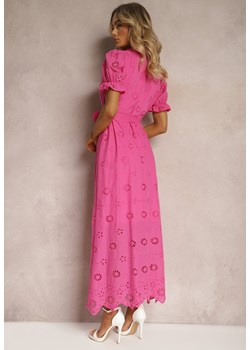 Różowa Ażurowa Sukienka o Koszulowym Kroju z Haftem i Bufiastymi Rękawami Vianda ze sklepu Renee odzież w kategorii Sukienki - zdjęcie 171396364