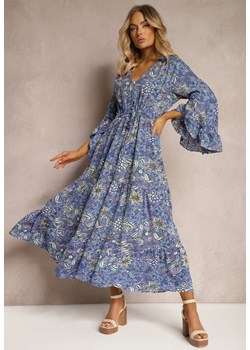 Granatowa Sukienka w Kwiatowy Print Rozkloszowana z Falbankami Airova ze sklepu Renee odzież w kategorii Sukienki - zdjęcie 171396382