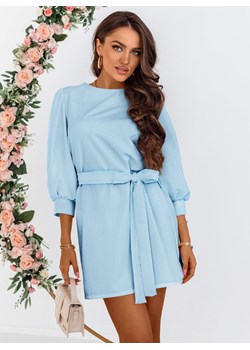 Błękitna trapezowa sukienka z wiązaniem w talii Carines - błękitny ze sklepu pakuten.pl w kategorii Sukienki - zdjęcie 171401720