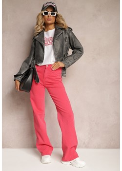 Fuksjowe Szerokie Jeansy z Bawełnianej Tkaniny Plumeti High Waist Rrisa ze sklepu Renee odzież w kategorii Jeansy damskie - zdjęcie 171403954
