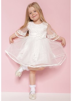 Biała Tiulowa Sukienka Komunijna Ozdobiona Koronką i Kwiatkiem Salliope ze sklepu Born2be Odzież w kategorii Sukienki dziewczęce - zdjęcie 171430164