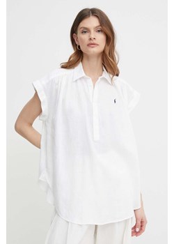 Polo Ralph Lauren bluzka lniana kolor biały gładka 211935131 ze sklepu ANSWEAR.com w kategorii Bluzki damskie - zdjęcie 171435434