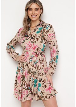 Beżowo-Różowa Koszulowa Sukienka z Wiskozy Zapinana na Guziki z Materiałowym Paskiem Laveta ze sklepu Born2be Odzież w kategorii Sukienki - zdjęcie 171437184