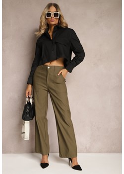 Ciemnozielone Szerokie Spodnie z Wsuwanymi Kieszeniami i Ozdobnymi Klapami Asseldea ze sklepu Renee odzież w kategorii Spodnie damskie - zdjęcie 171438793