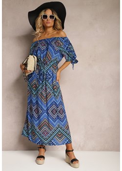 Niebieska Rozkloszowana Sukienka z Bawełny Hiszpanka z Cienkim Paskiem Piatrice ze sklepu Renee odzież w kategorii Sukienki - zdjęcie 171439010