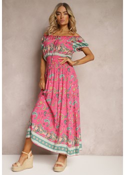 Różowa Letnia Sukienka z Bawełny o Fasonie Hiszpanki z Gumką w Pasie i Wzorem Paisley Delsina ze sklepu Renee odzież w kategorii Sukienki - zdjęcie 171439053