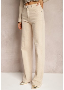 Beżowe Szerokie Jeansy z Bawełnianej Tkaniny Plumeti High Waist Rrisa ze sklepu Renee odzież w kategorii Jeansy damskie - zdjęcie 171439211