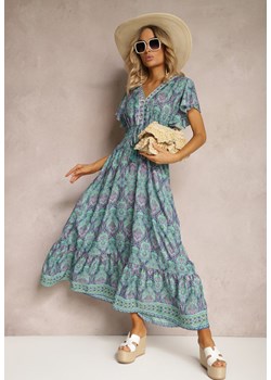 Niebieska Rozkloszowana Sukienka w Etniczny Wzór z Krótkim Rękawem i Gumką w Pasie Zorisa ze sklepu Renee odzież w kategorii Sukienki - zdjęcie 171439224