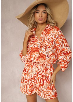 Pomarańczowy Dwuczęściowy Komplet Koszula z Długim Podpinanym Rękawem Szorty z Gumką w Talii Bellafaie ze sklepu Renee odzież w kategorii Komplety i garnitury damskie - zdjęcie 171439323