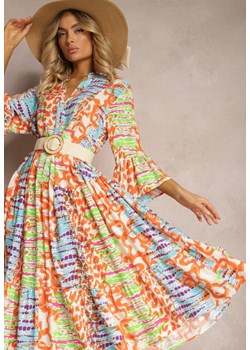 Pomarańczowo-Niebieska Rozkloszowana Sukienka o Koszulowym Fasonie z Wiskozy w Mozaikowy Wzór Pional ze sklepu Renee odzież w kategorii Sukienki - zdjęcie 171439383