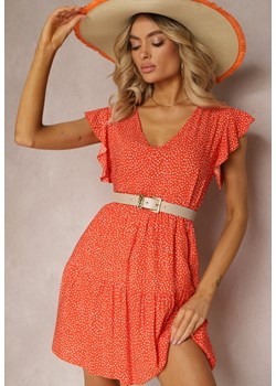 Pomarańczowa Rozkloszowana Sukienka z Bawełny w Kropki z Trójkątnym Dekoltem Riessa ze sklepu Renee odzież w kategorii Sukienki - zdjęcie 171439470