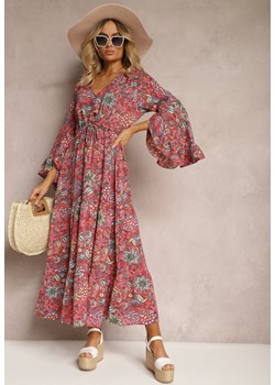 Ciemnoróżowa Sukienka w Kwiatowy Print Rozkloszowana z Falbankami Airova ze sklepu Renee odzież w kategorii Sukienki - zdjęcie 171443480