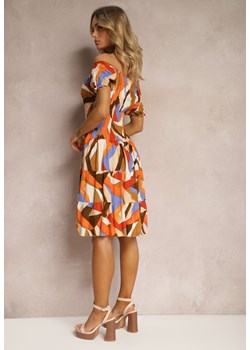 Bezowo-Pomarańczowa Sukienka z Wiskozy o Rozkloszowanym Kroju z Gumką w Talii i Ozdobnymi Guzikami Moonxeena ze sklepu Renee odzież w kategorii Sukienki - zdjęcie 171443522