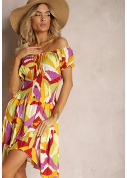 Żółto-Różowa Sukienka z Wiskozy o Rozkloszowanym Kroju z Gumką w Talii i Ozdobnymi Guzikami Moonxeena ze sklepu Renee odzież w kategorii Sukienki - zdjęcie 171443530