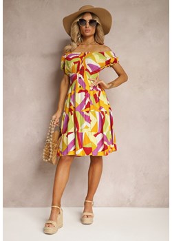 Żółto-Różowa Sukienka z Wiskozy o Rozkloszowanym Kroju z Gumką w Talii i Ozdobnymi Guzikami Moonxeena ze sklepu Renee odzież w kategorii Sukienki - zdjęcie 171443531