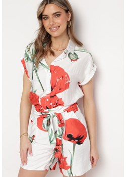Beżowo-Czerwona Koszula z Wiskozy we Florystyczny Print Aitelap ze sklepu Born2be Odzież w kategorii Koszule damskie - zdjęcie 171463043