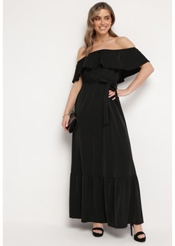 Czarna Sukienka o Rozkloszowanym Fasonie z Hiszpańskim Dekoltem i Materiałowym Paskiem Nacara ze sklepu Born2be Odzież w kategorii Sukienki - zdjęcie 171463092