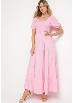 Różowa  Rozkloszowana Sukienka z Gumką w Talii i Bufiastymi Rękawami Evulla ze sklepu Born2be Odzież w kategorii Sukienki - zdjęcie 171480742