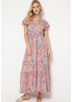 Różowo-Niebieska Sukienka z Metalicznym Nadrukiem Gumką w Pasie i Kopertowym Dekoltem Vinara ze sklepu Born2be Odzież w kategorii Sukienki - zdjęcie 171491920