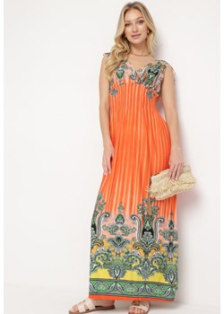 Pomarańczowa Sukienka z Troczkami w Ramionach Rozkloszowana z Dekoltem w V Araxeda ze sklepu Born2be Odzież w kategorii Sukienki - zdjęcie 171513962