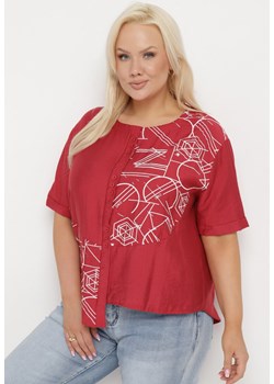 Bordowa Bawełniana Bluzka T-shirt z Krótkim Rękawem z Nadrukiem i Guzikami Fiomara ze sklepu Born2be Odzież w kategorii Bluzki damskie - zdjęcie 171514322