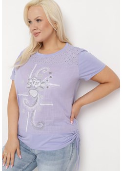 Fioletowy T-shirt z Bawełny Ozdobiony Cyrkoniami i Ściągaczami po Bokach Forena ze sklepu Born2be Odzież w kategorii Bluzki damskie - zdjęcie 171514464