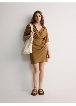Reserved - Kopertowa sukienka mini z lnem - brązowy ze sklepu Reserved w kategorii Sukienki - zdjęcie 171516190