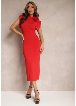 Czerwona Dopasowana Sukienka Midi z Kwiatkiem w Postaci Broszki Olivetta ze sklepu Renee odzież w kategorii Sukienki - zdjęcie 171523403