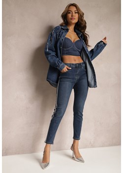 Granatowe Jeansy o Fasonie Skinny z Lampasami z Brokatu Qistella ze sklepu Renee odzież w kategorii Jeansy damskie - zdjęcie 171523414
